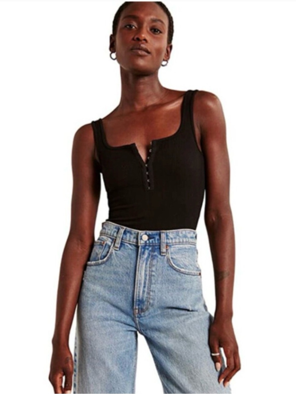 Abercrombie & Fitch Black Ribbed hook & eye Tank Top bodysuit - small